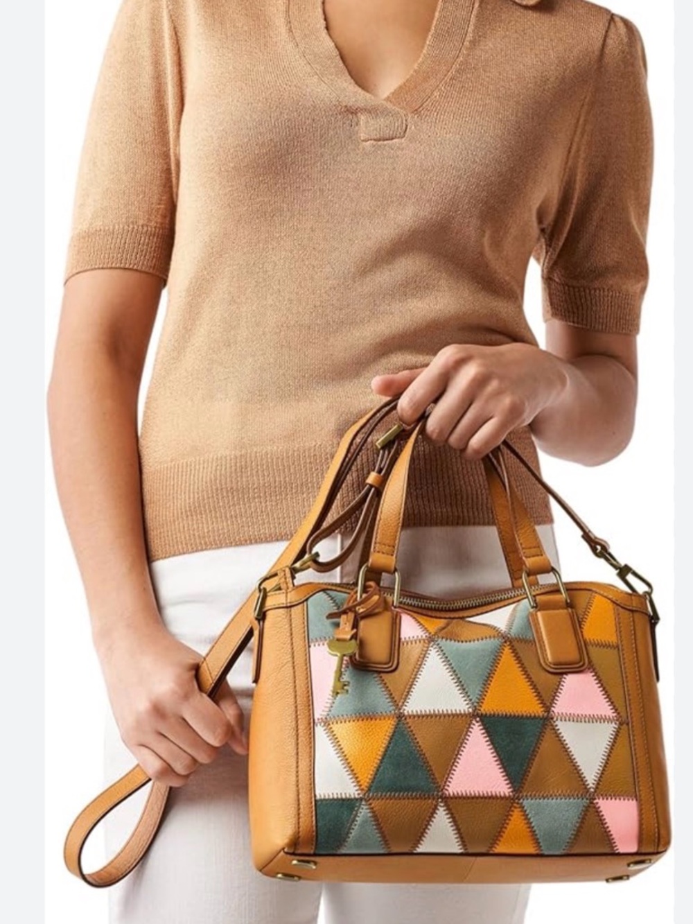 ✨👜Fossil Jacquline Eco Leather Satchel with Pink, Orange, Patchwork 🌿🔥 - Picture 8 of 9